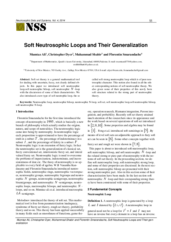 (PDF) Soft Neutrosophic Loops and Their Generalization
