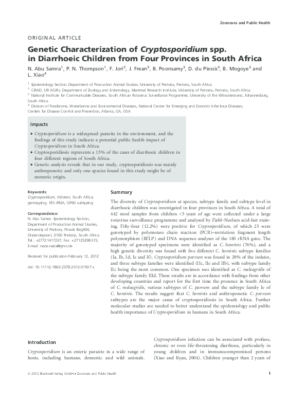 (PDF) Genetic Characterization of Cryptosporidium spp. in Diarrhoeic ...