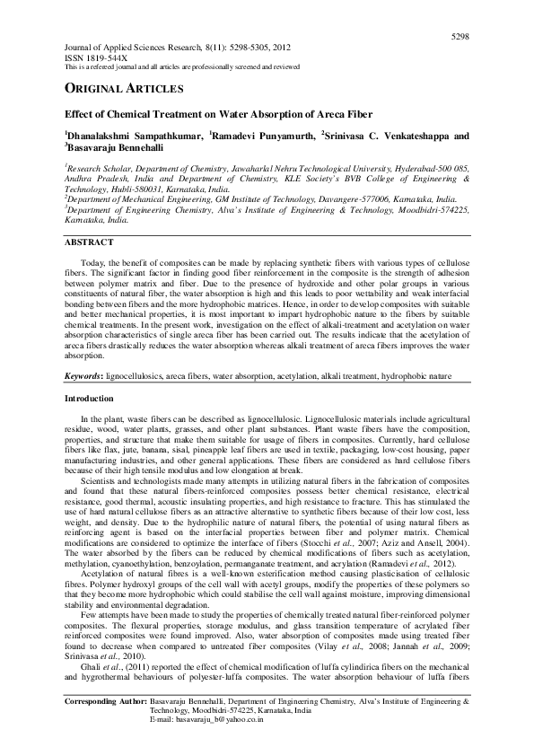 (PDF) Effect of Chemical Treatment on Water Absorption of Areca Fiber