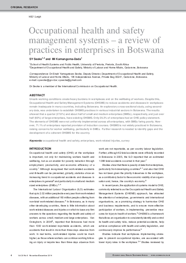 (PDF) Occupational health and safety management systemsA review of