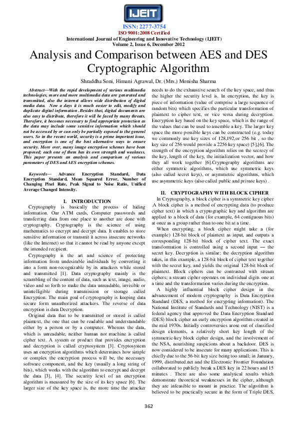 (PDF) Analysis and Comparison between AES and DES Cryptographic Algorithm