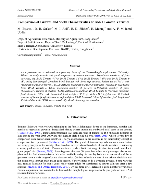 (PDF) Comparison of growth and yield characteristics of BARI tomato ...