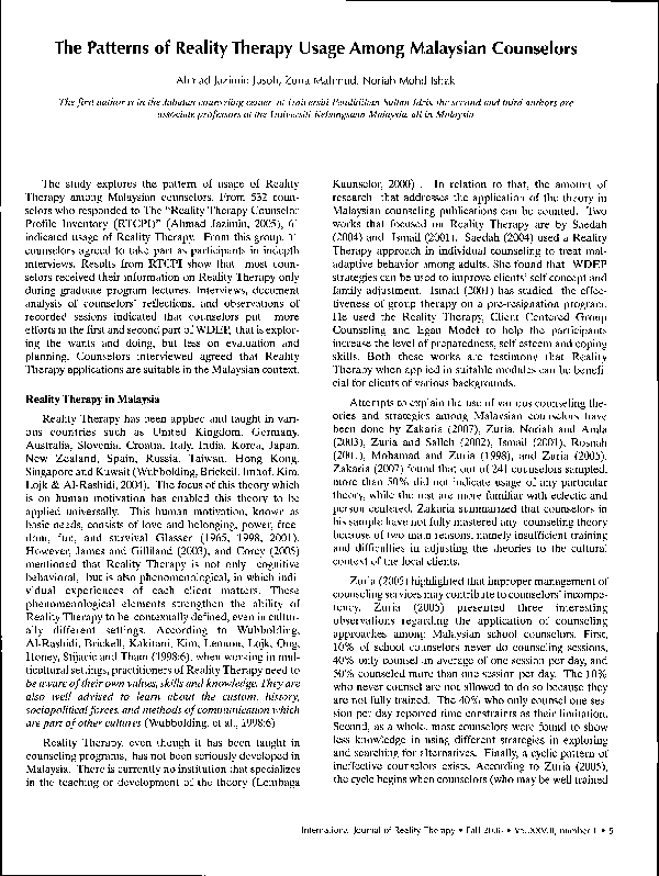 Pdf The Patterns Of Reality Therapy Usage Among Malaysian Counselors Ahmad Jazimin Jusoh Academia Edu