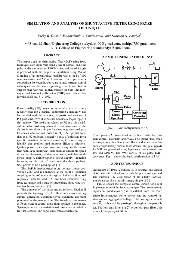 (PDF) SIMULATION AND ANALYSIS OF SHUNT ACTIVE FILTER USING FRYZE TECHNIQUE
