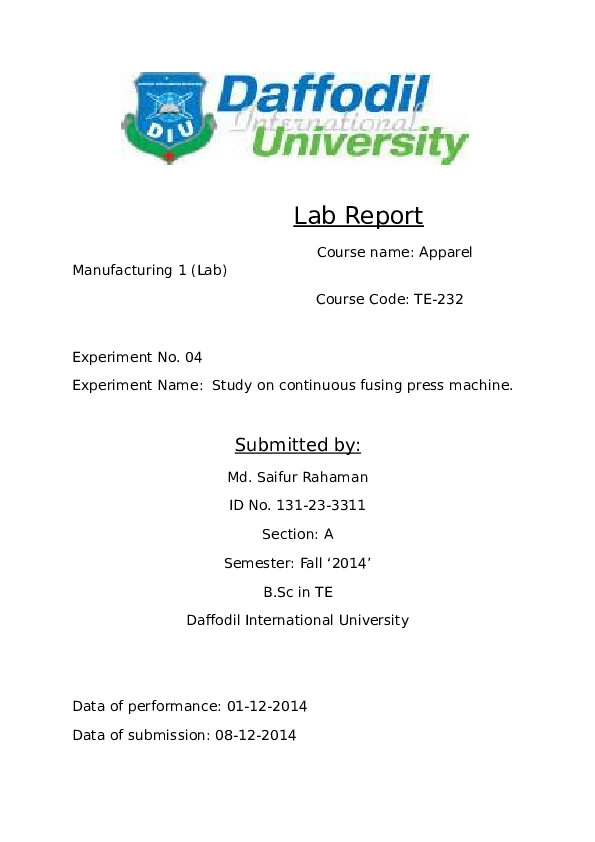 (DOC) Lab Report Course name Apparel Manufacturing 1 (Lab) Course Code TE232 sujan Saifur