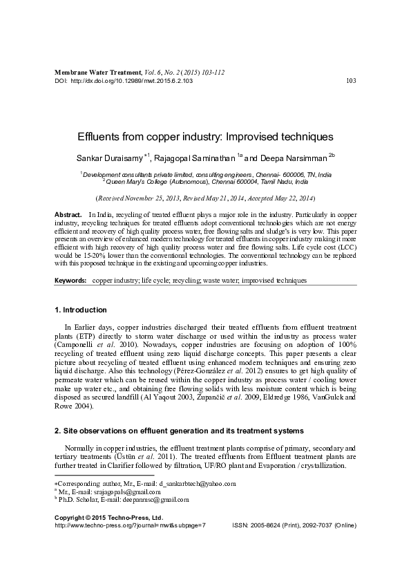 (PDF) Effluents from copper industry Improvised techniques Sankar D