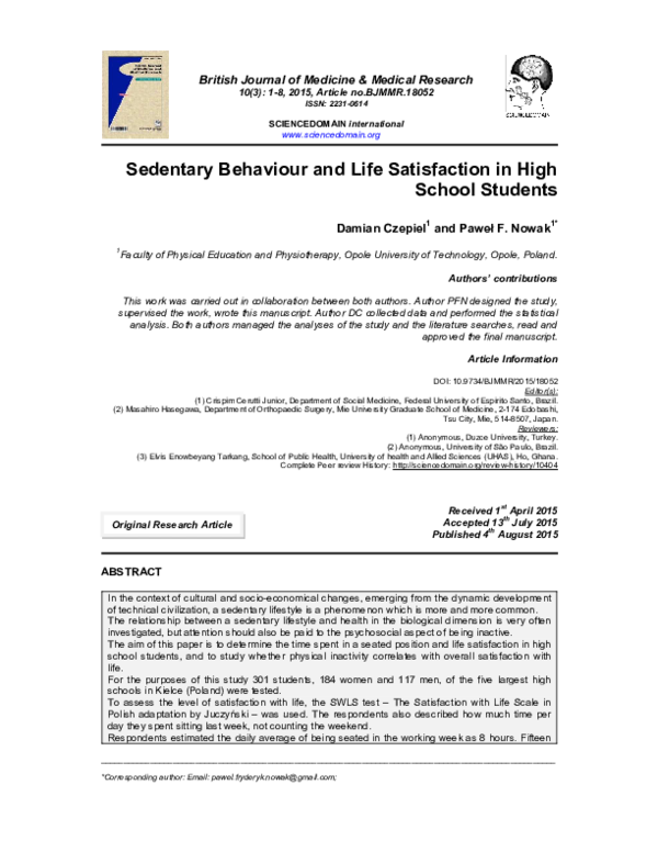 (PDF) Sedentary Behaviour and Life Satisfaction in High School Students