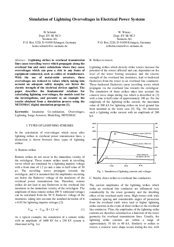 (PDF) Simulation of Lightning Overvoltages in Electrical Power Systems