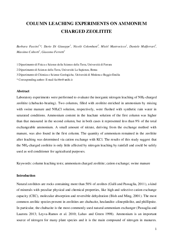 (PDF) COLUMN LEACHING EXPERIMENTS ON AMMONIUM CHARGED ZEOLITITE