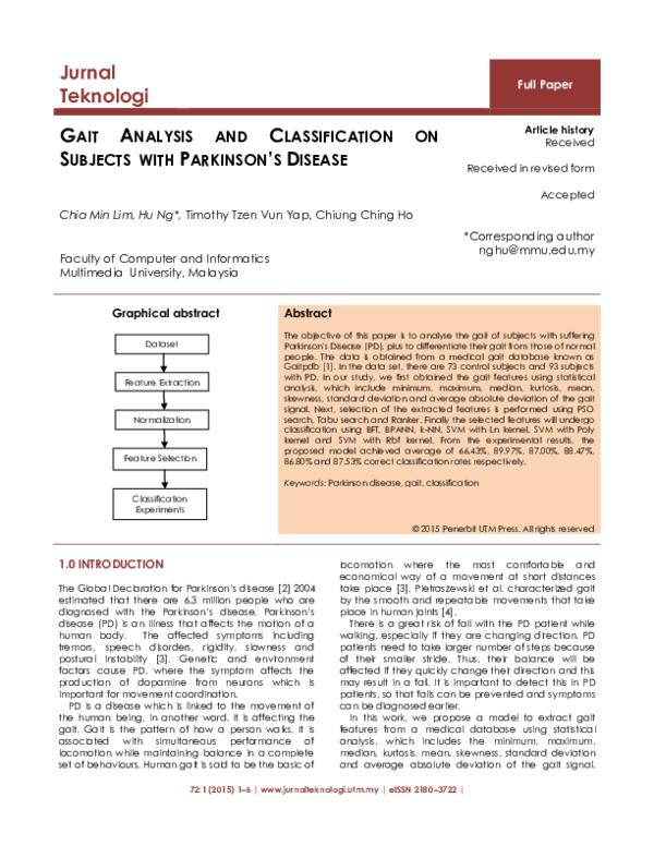 (PDF) Gait Analysis and Classification on Subjects with Parkinson's Disease