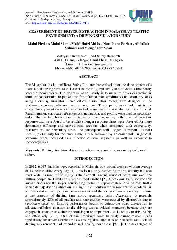 Pdf Measurement Of Driver Distraction In Malaysia S Traffic Environment A Driving Simulator Study Mohd Hafzi Md Isa Academia Edu