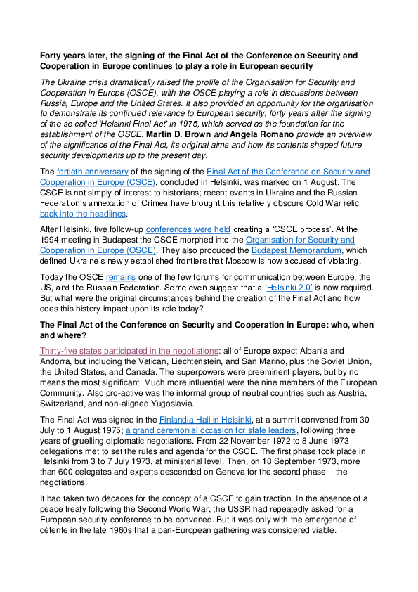 Forty years later, the signing of the Helsinki Final Act continues to