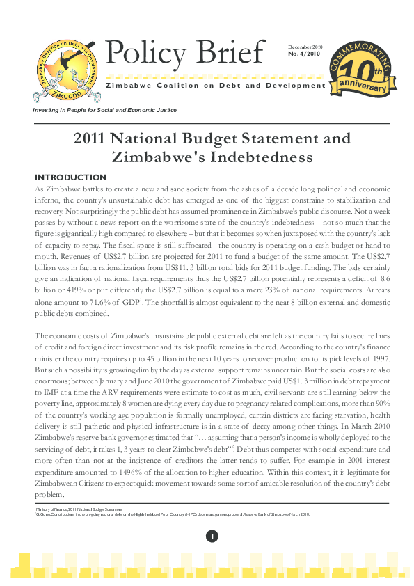 (PDF) 2011 National Budget Statement and Zimbabwe's Indebtedness