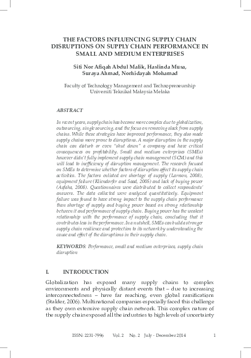 (PDF) The Factors Influencing Supply Chain Disruptions On Supply Chain ...