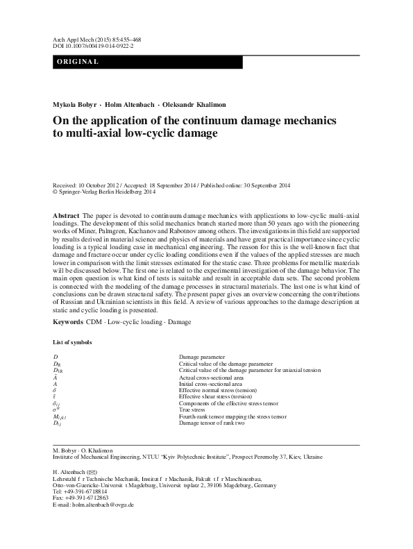 (PDF) On the application of the continuum damage mechanics to multi ...