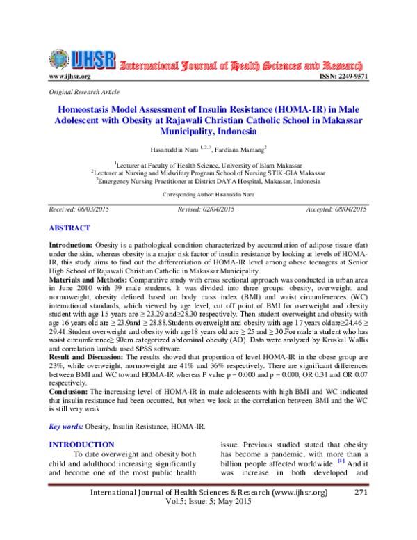 (PDF) Homeostasis Model Assessment of Insulin Resistance (HOMA-IR) in ...
