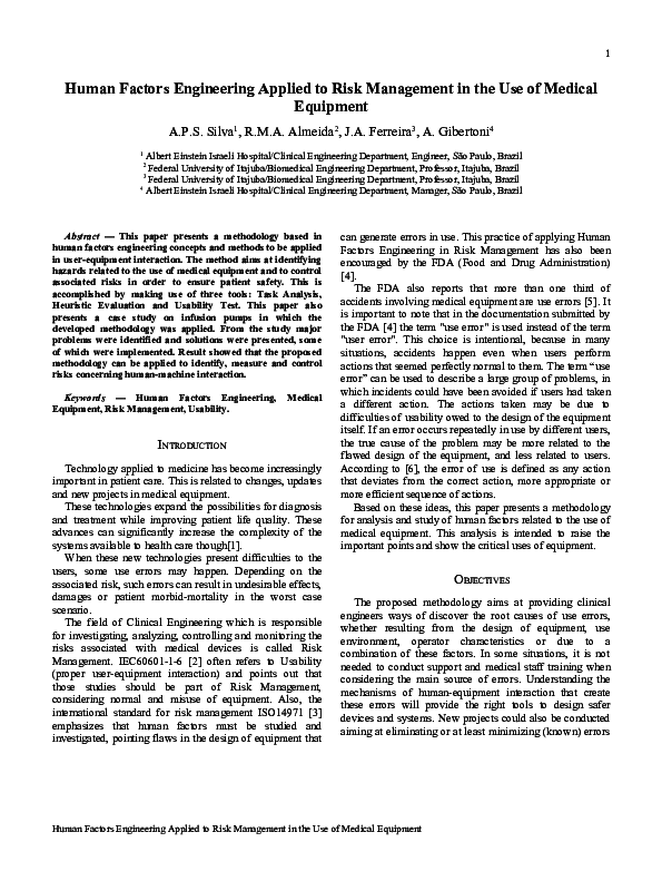 (PDF) Human Factors Engineering Applied to Risk Management in the Use ...