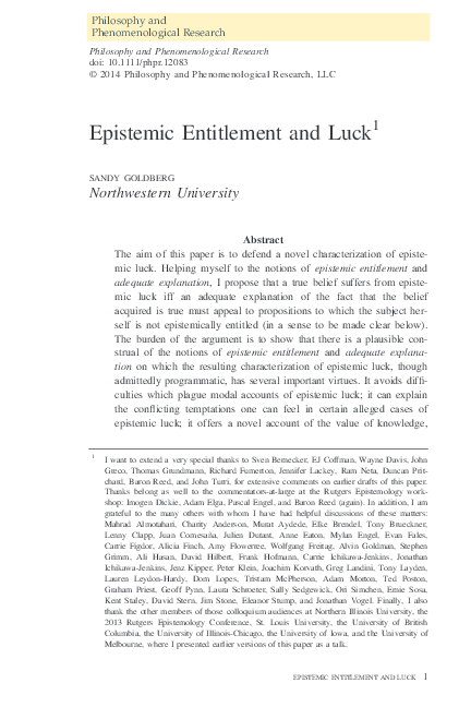 Pdf Epistemic Entitlement And Luck