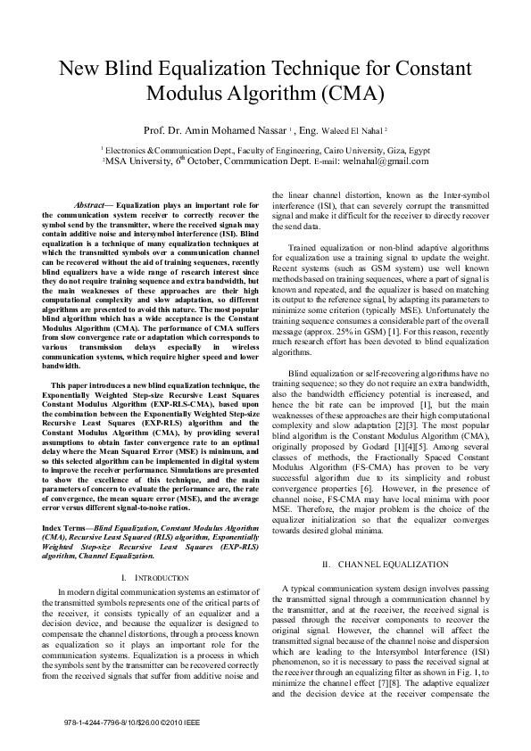 (PDF) New Blind Equalization Technique for Constant Modulus Algorithm (CMA)