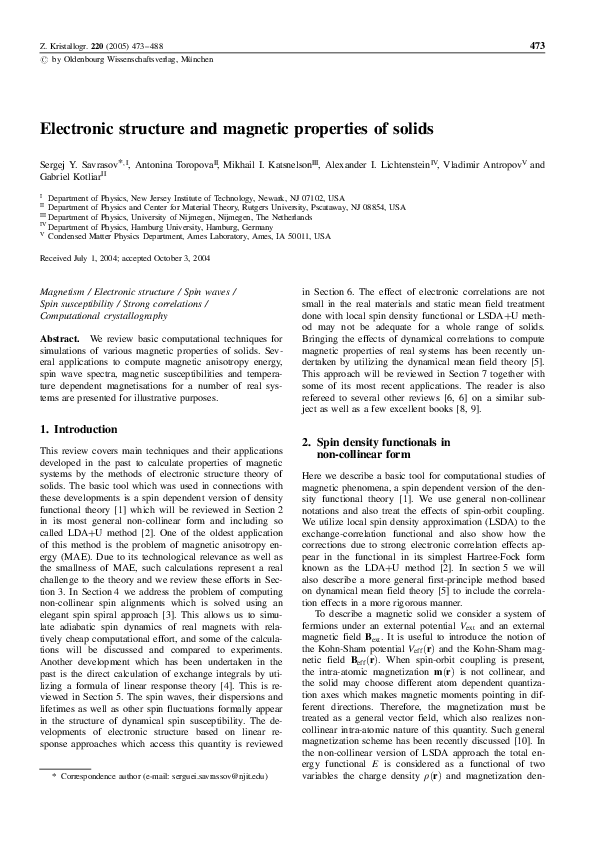 (PDF) Electronic structure and magnetic properties of solids