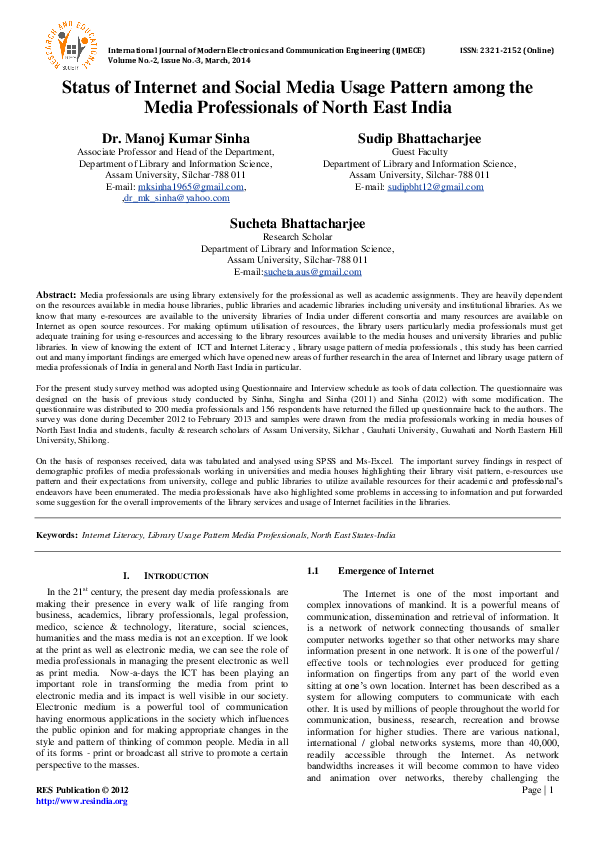 (PDF) Status of Internet and Social Media Usage Pattern among the Media ...