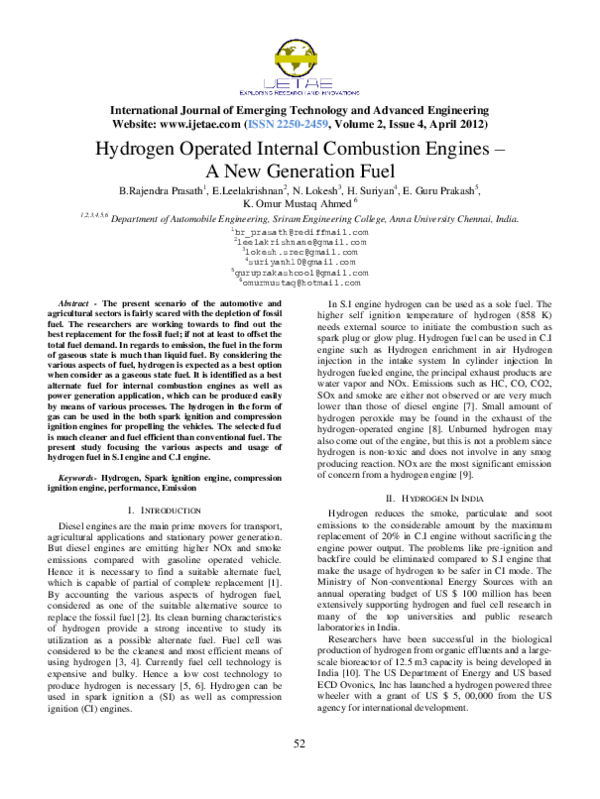 (PDF) Hydrogen Operated Internal Combustion Engines – A New Generation Fuel