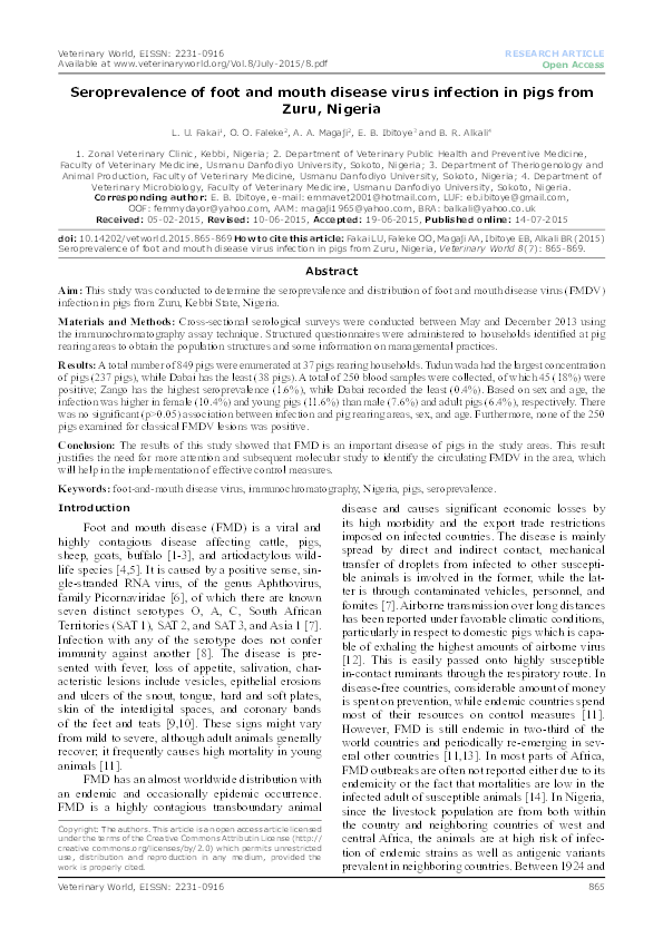 (PDF) Seroprevalence of foot and mouth disease virus infection in pigs ...