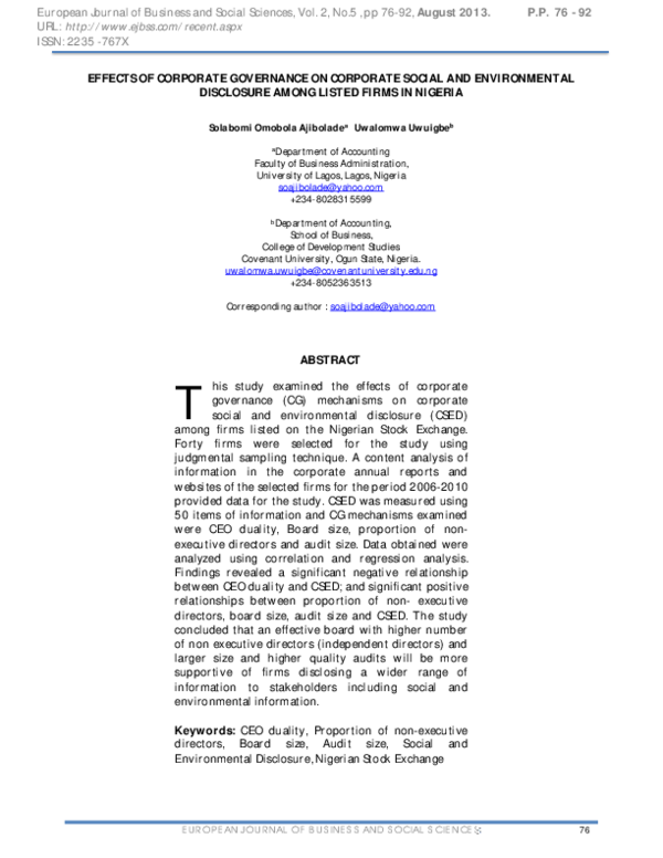 (PDF) EFFECTS OF CORPORATE GOVERNANCE ON CORPORATE SOCIAL AND ...