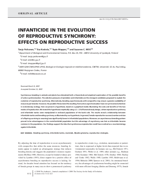 (PDF) INFANTICIDE IN THE EVOLUTION OF REPRODUCTIVE SYNCHRONY: EFFECTS ...