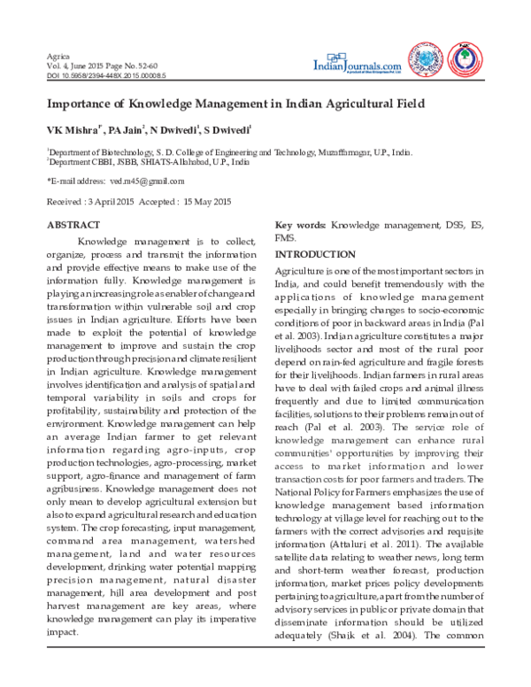 (PDF) Importance of Knowledge Management in Indian Agricultural Field