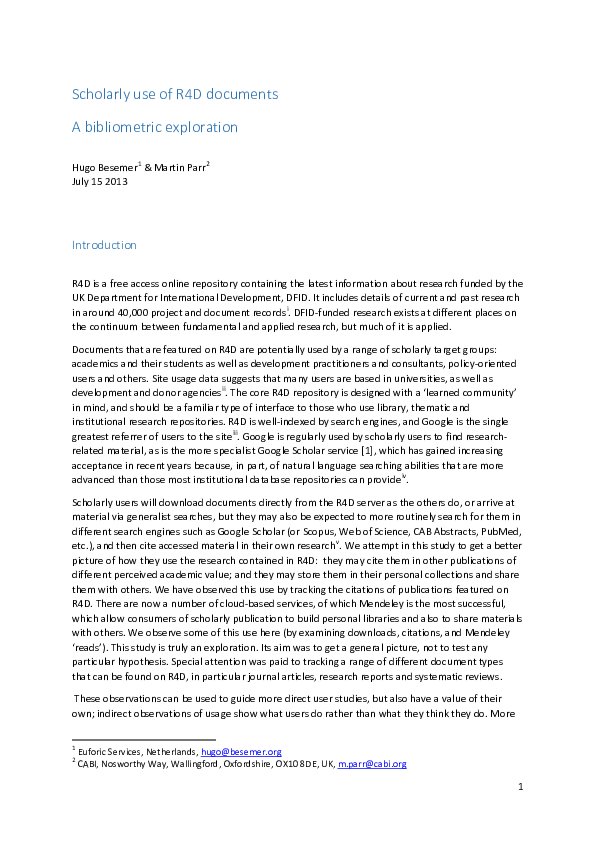 (PDF) Scholarly use of R4D documents A bibliometric exploration