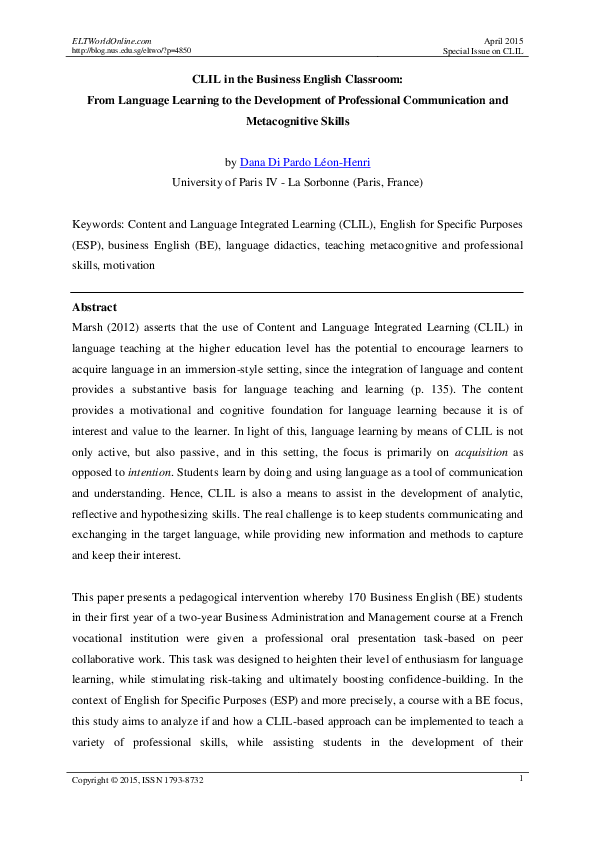 (PDF) CLIL in the Business English Classroom: From Language Learning to ...