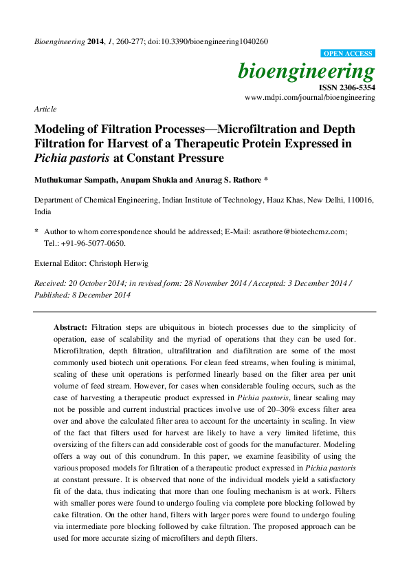(PDF) Modeling of Filtration Processes—Microfiltration and Depth