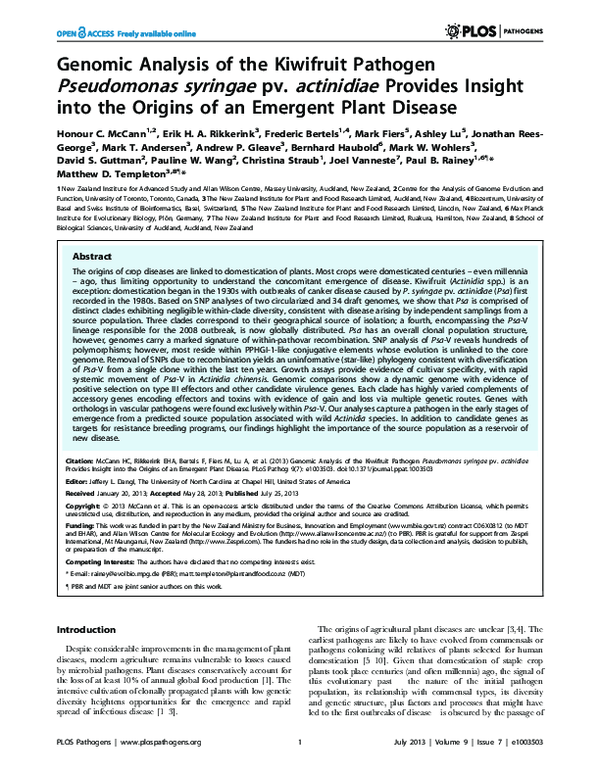 (PDF) Genomic Analysis of the Kiwifruit Pathogen Pseudomonas syringae ...
