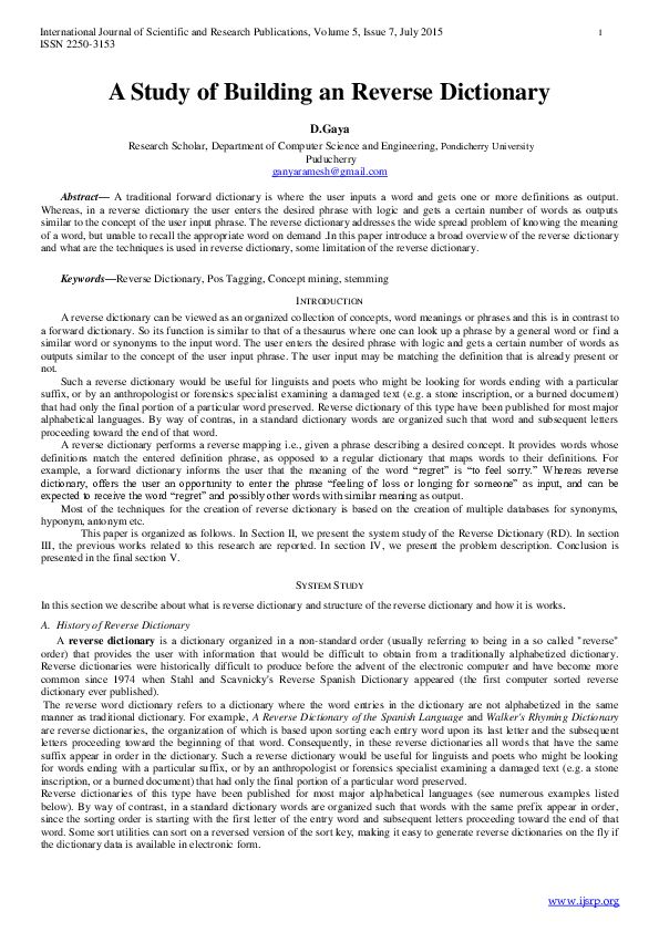 (PDF) A Study of Building an Reverse Dictionary