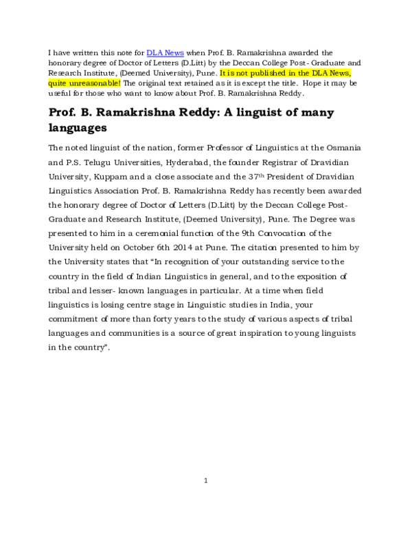 (PDF) Prof. B. Ramakrishna Reddy: A linguist of many languages