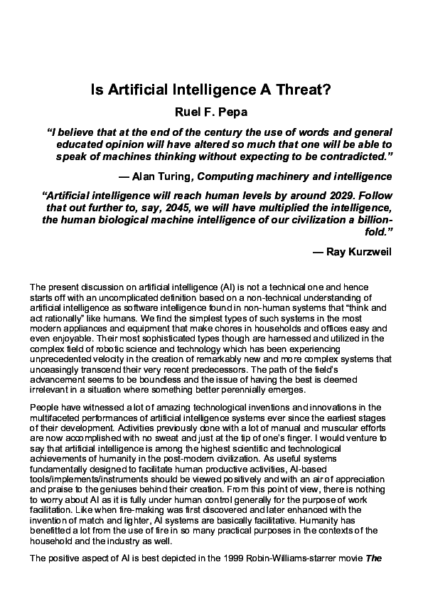 (PDF) Is Artificial Intelligence A Threat?