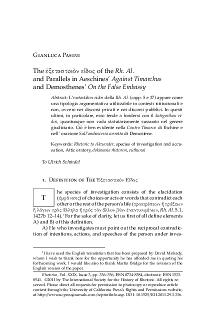 (PDF) Anaximenes' εἶδος ἐξεταστικόν in Aeschin. I and Demosth. XIX