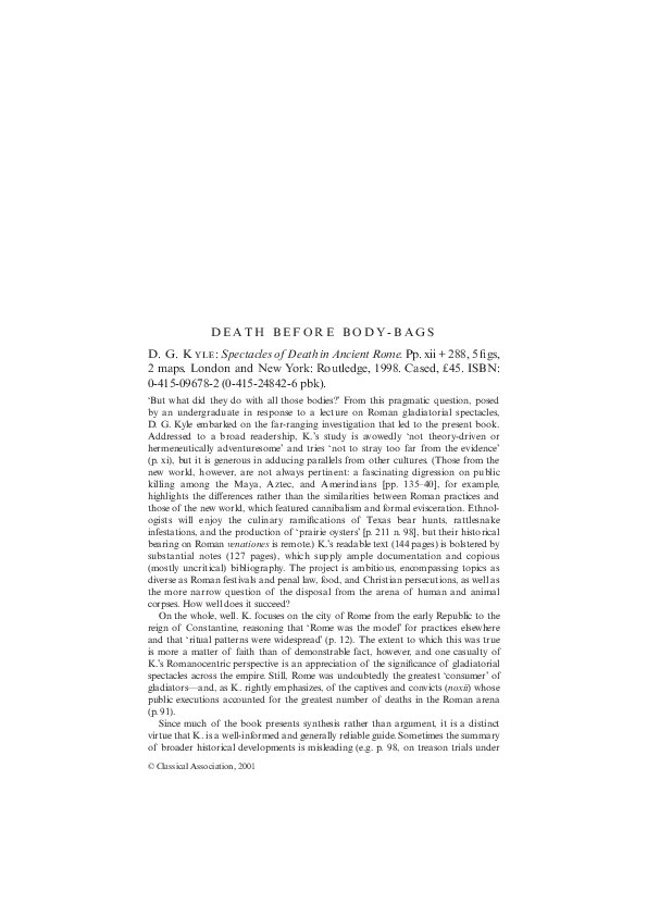 (PDF) Review of D. G. Kyle, Spectacles of Death in Ancient Rome (London
