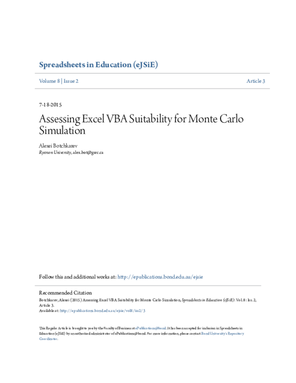 (PDF) Assessing Excel VBA Suitability for Monte Carlo Simulation