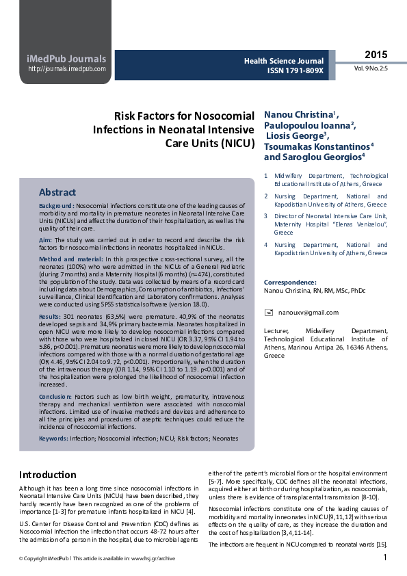 (PDF) Risk Factors for Nosocomial Infections in Neonatal Intensive Care ...