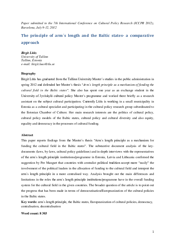 (PDF) "Arm's length principle as a mechanism for funding culture in the