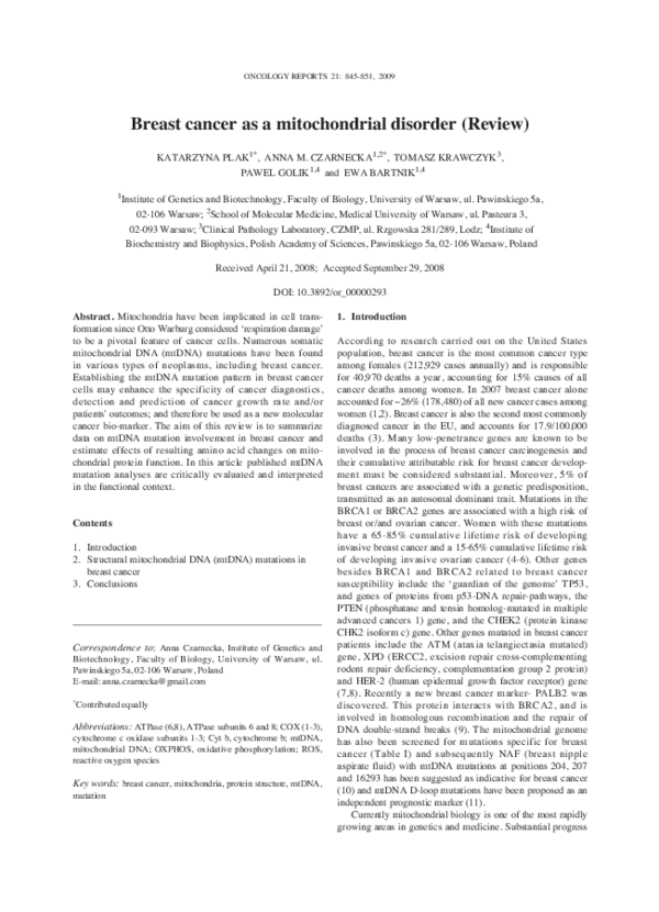 (PDF) Breast cancer as a mitochondrial disorder