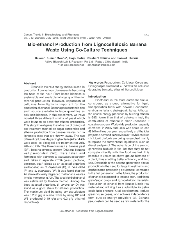 (PDF) Bio-ethanol Production from Lignocellulosic Banana Waste Using Co ...