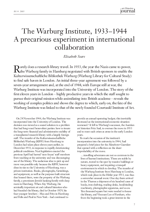 (PDF) “The Warburg Institute, 19331944 A Precarious Experiment in Amalgamation,” Art Libraries