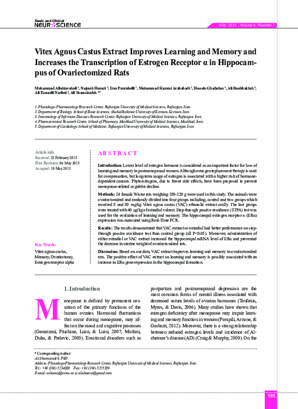 (PDF) Vitex Agnus Castus Extract Improves Learning and Memory and ...