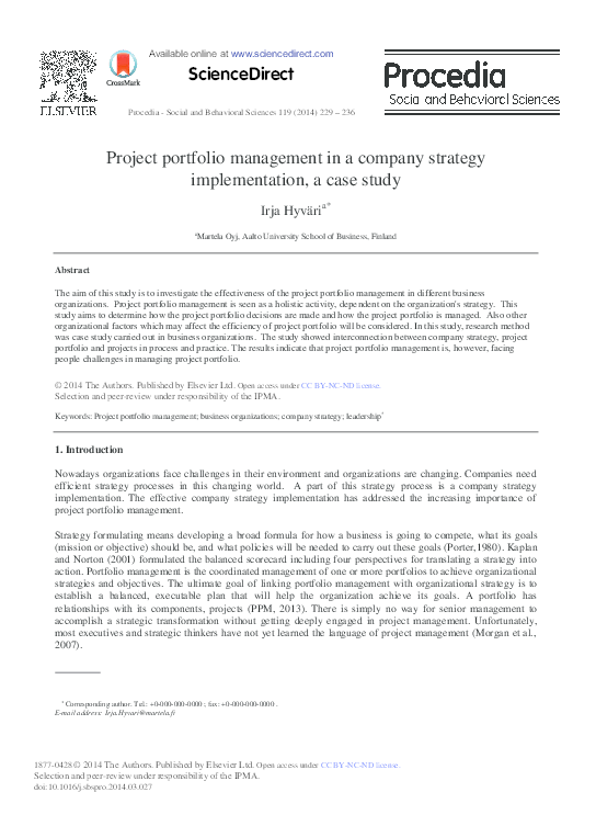 (PDF) ScienceDirect Project portfolio management in a company strategy