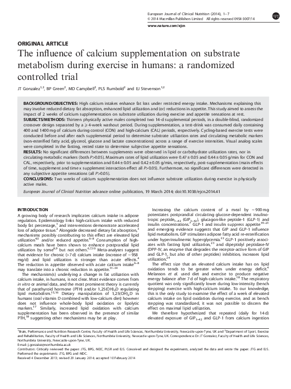 (PDF) The influence of calcium supplementation on substrate metabolism ...