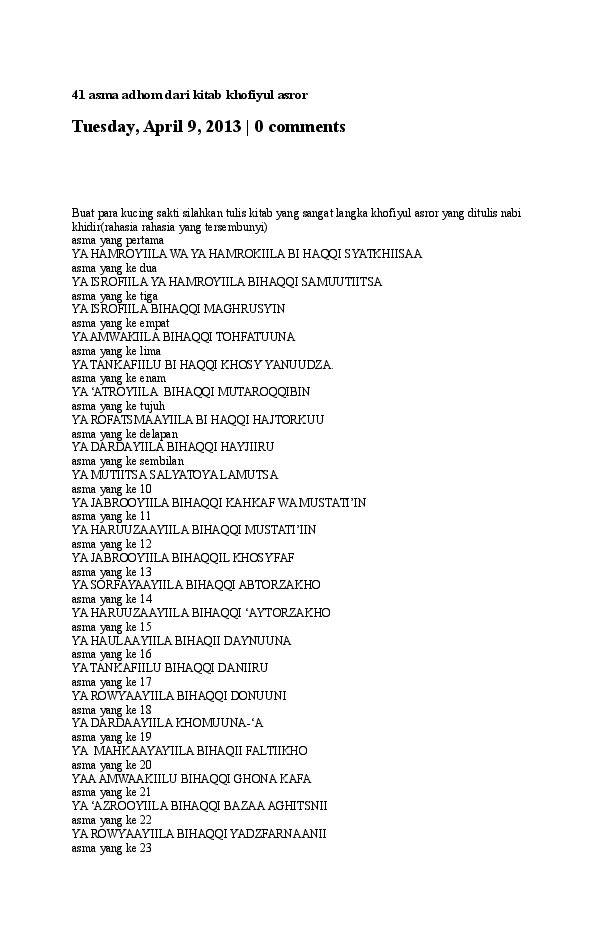 (DOC) 41 asma adhom dari kitab khofiyul asror anggi