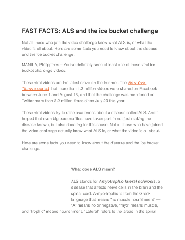 (DOC) FAST FACTS ALS and the ice bucket challenge Trisha Ebina Academia.edu